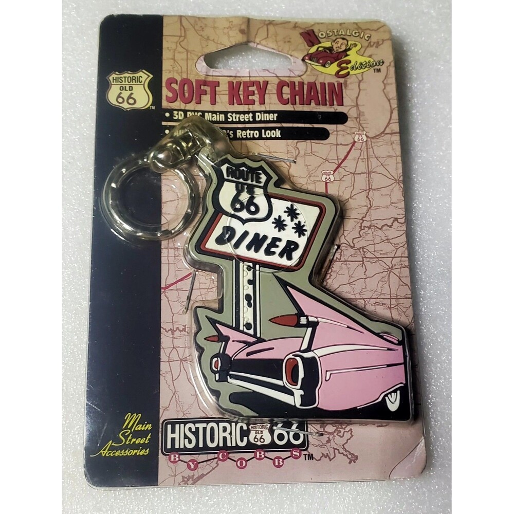 Route 66 Diner Soft PVC Keychain Vintage 1998 Cobbs Nostalgic Edition Pink Car
